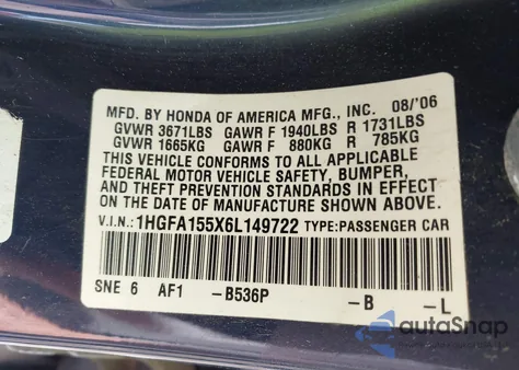 2006 Honda Civic Lx from USA, damaged, VIN 1HGFA155X6L149722